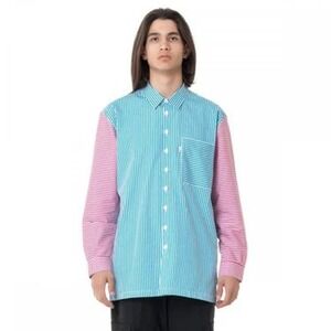 Bonsai Mens Striped Colorblock Button Up Shirt Teal Pink White Long Sleeve
